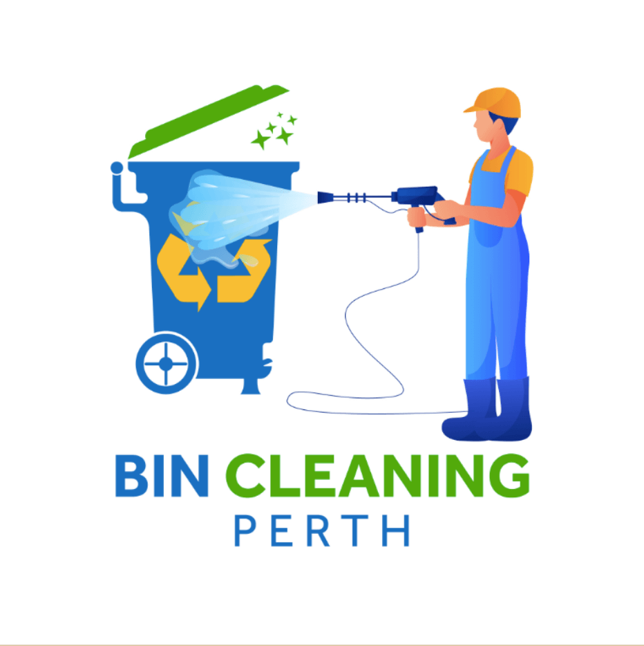 A man wearing in blue and yellow uniform standing beside holding a water hose cleaning the dustbin with Bin Cleaning Perth company name